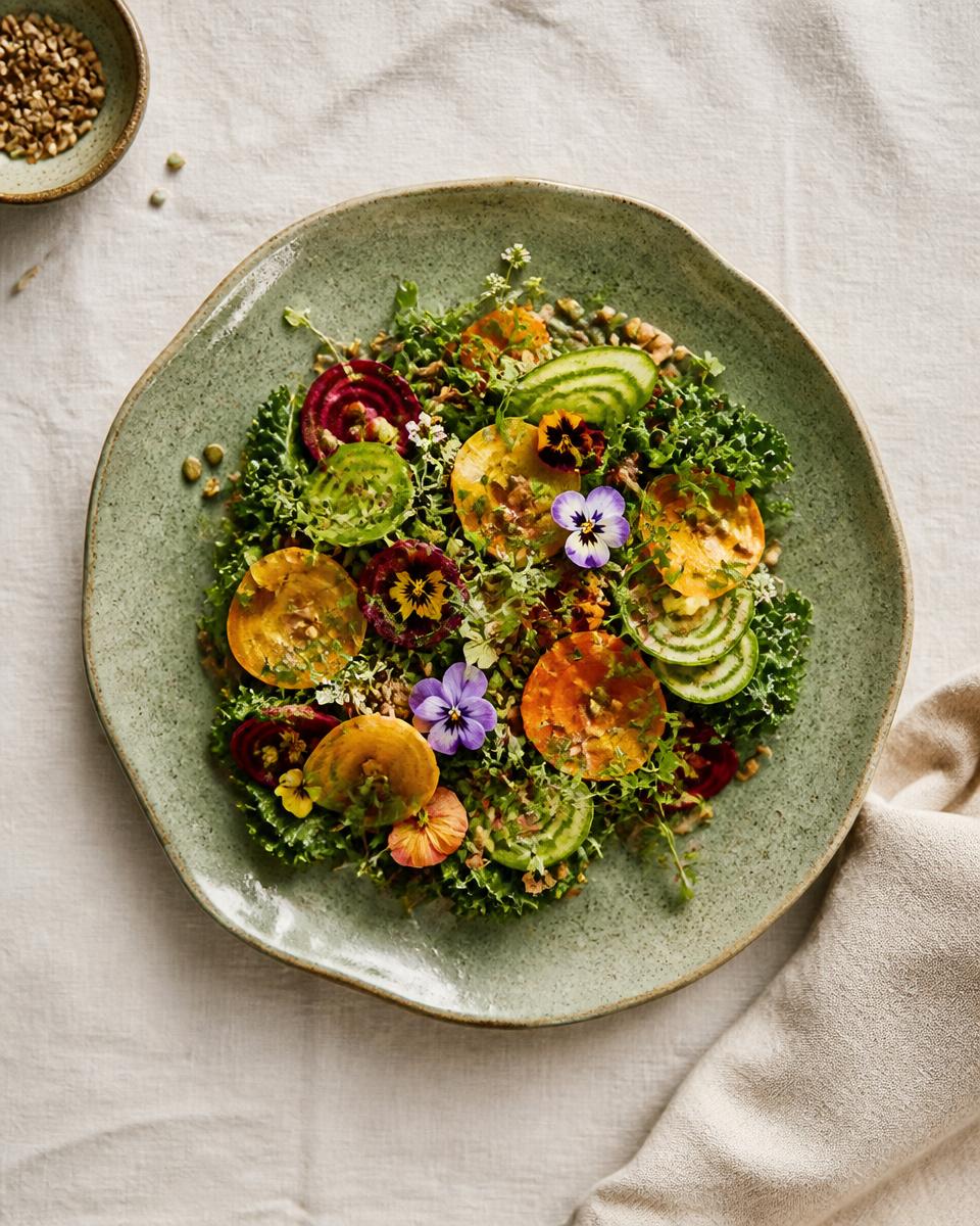 Overhead view of a vegetarian salad with edible flowers on a sage ceramic plate